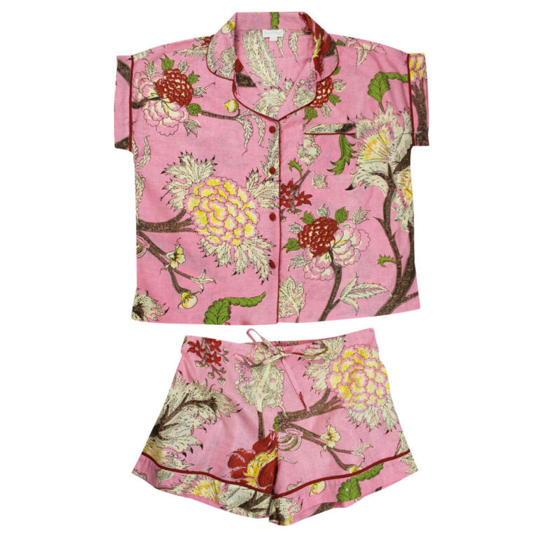 Powell Craft Pink, Cream & Burnt Orange Large Botanical Print Short Pyjama Set
