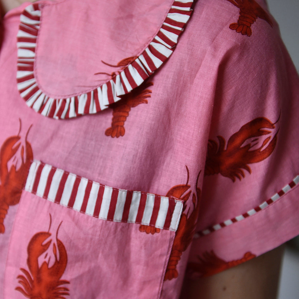 Powell Craft Pink & Red Lobster Shortie Pyjama Set With Peter Pan Collar