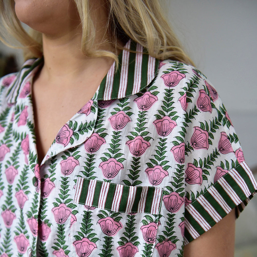 Powell Craft Pink & Green Damask Style Floral Print Short Pyjama Set
