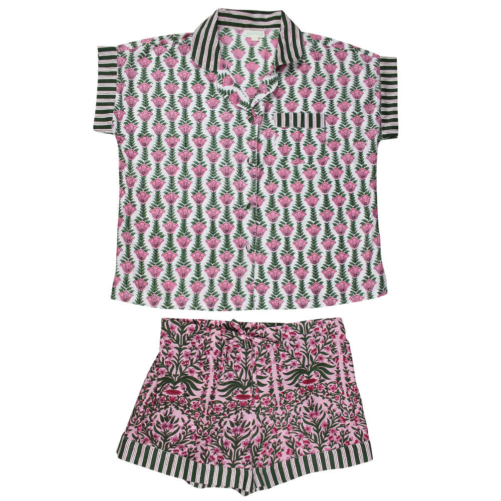 Powell Craft Pink & Green Damask Style Floral Print Short Pyjama Set