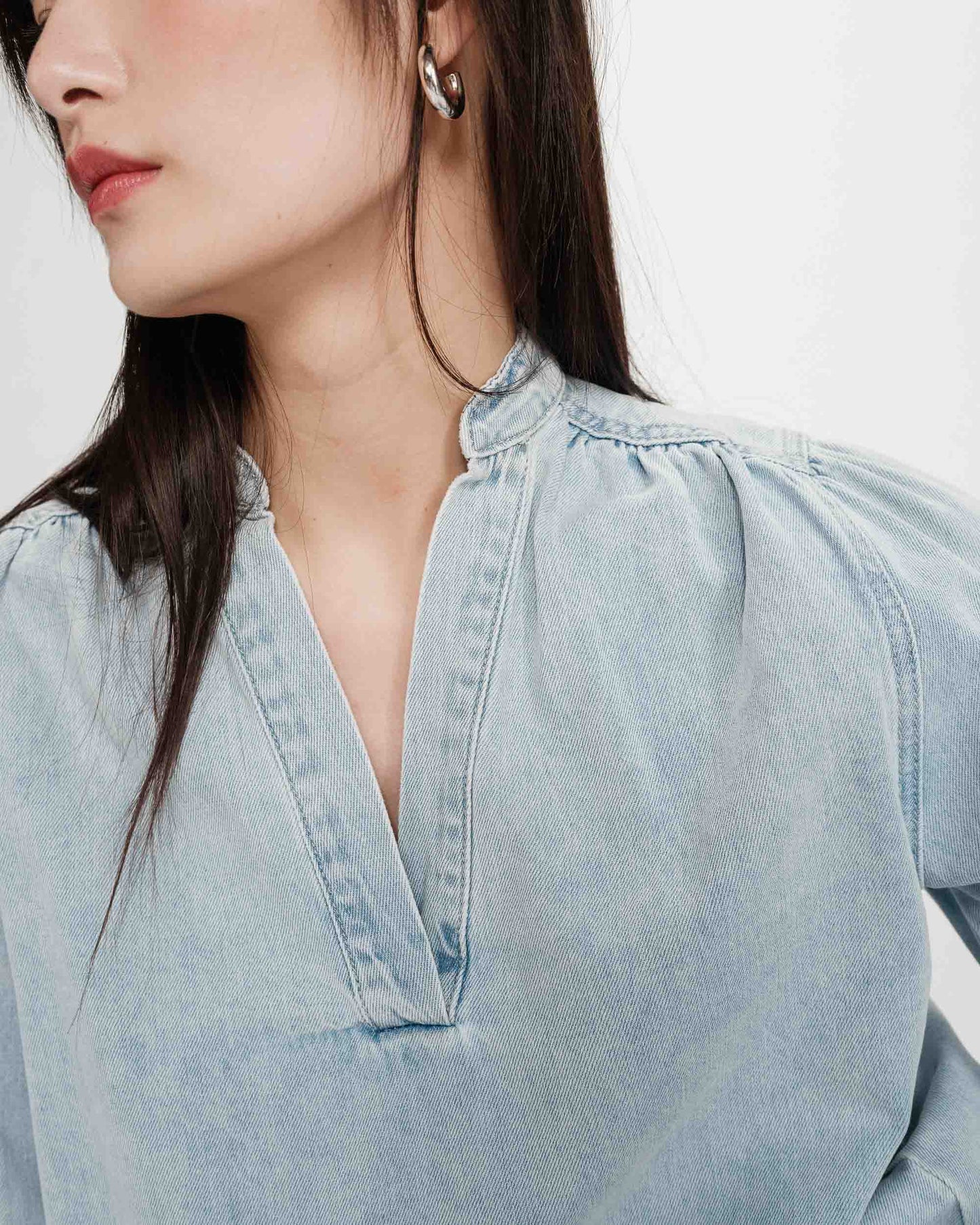 Grace & Mila  Valory Straight Denim Blouse in Sky Blue