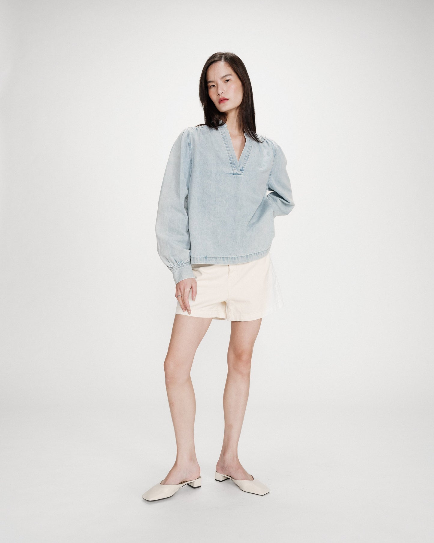 Grace & Mila  Valory Straight Denim Blouse in Sky Blue