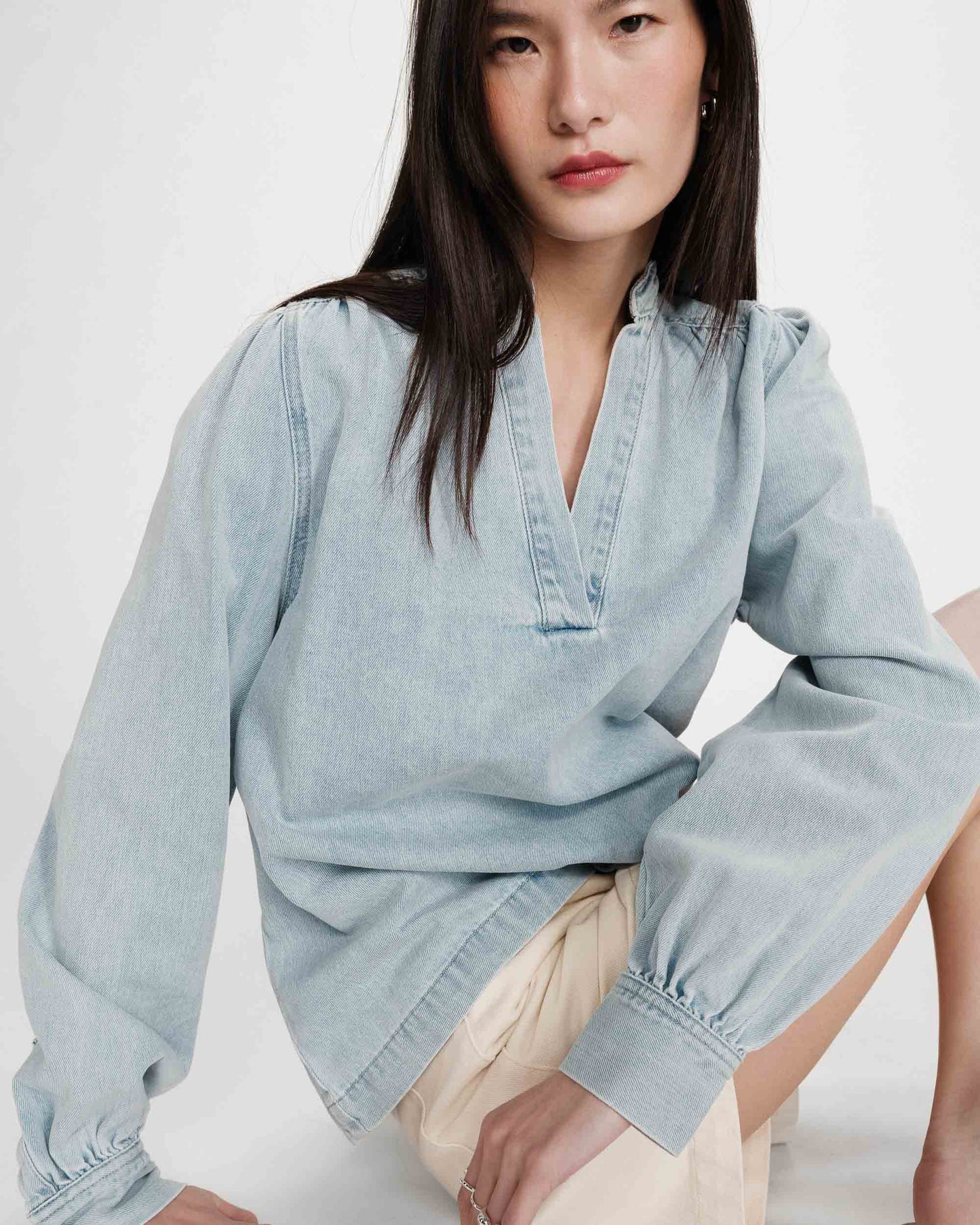 Grace & Mila  Valory Straight Denim Blouse in Sky Blue