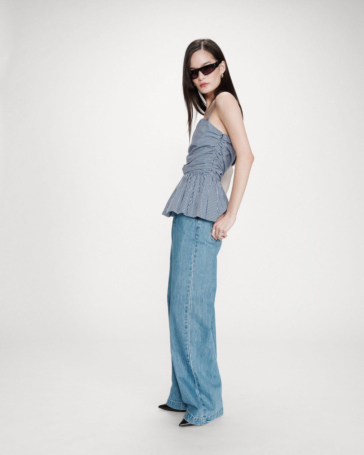 Grace & Mila Valo Fitted Peplum Top in Navy Check