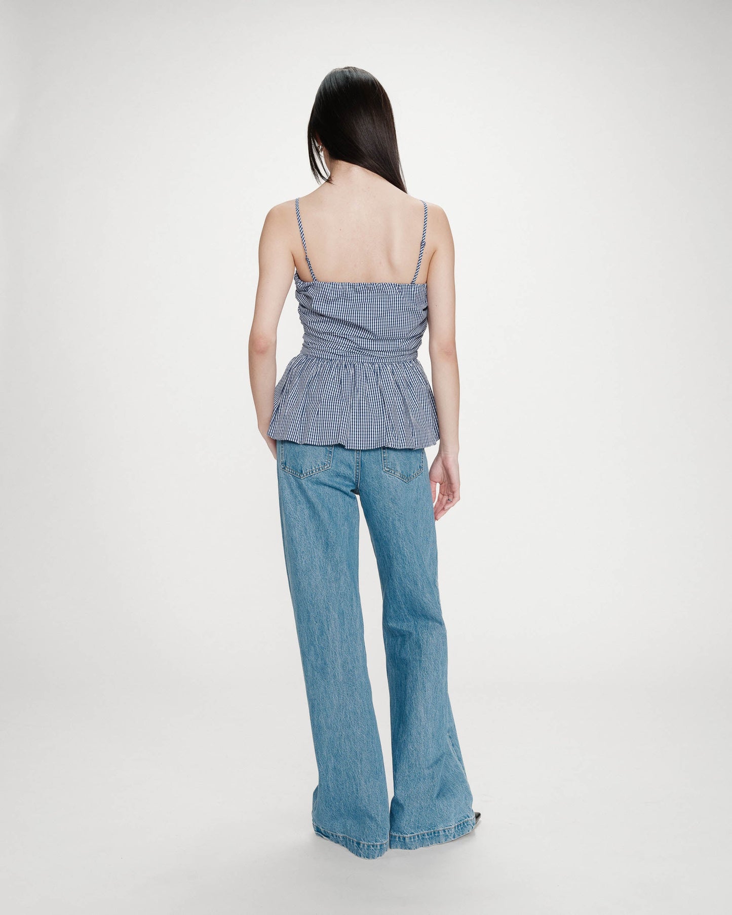 Grace & Mila Valo Fitted Peplum Top in Navy Check