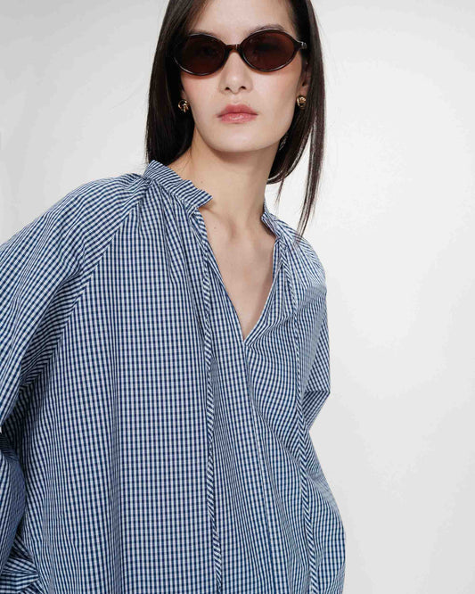 Grace & Mila Varry Checked Cotton Blouse in Marine