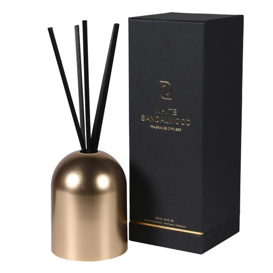 Bronze diffuser bottle with black sticks and black packaging box on a white background