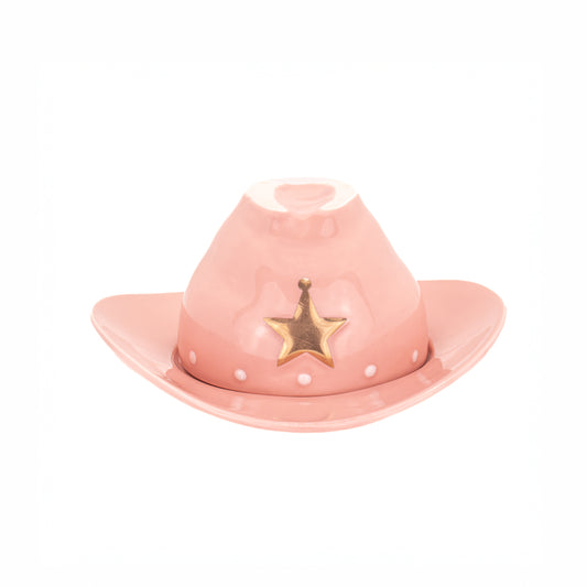 Sass & Belle Cowboy Hat Teacup and Saucer in pink with a gold star on the front