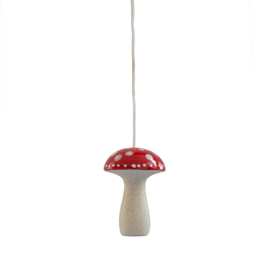 Sass & Belle Mushroom Light Pull. Mushroom-shaped pendant light with red cap and white stem on a white background