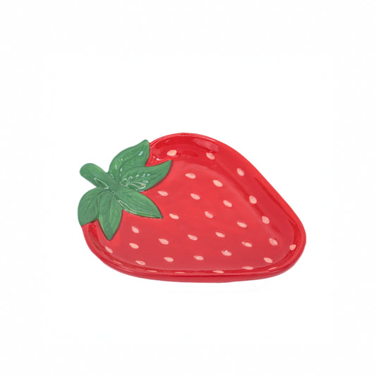 Sass & Belle Strawberry Trinket Dish. Red strawberry-shaped plate with white polka dots and green leaf on a white background