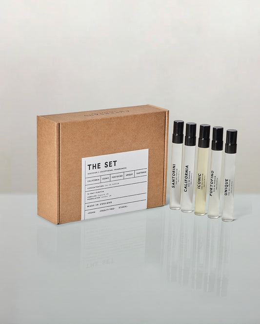 Set of perfume bottles with a cardboard box labeled 'The Set' on a white background