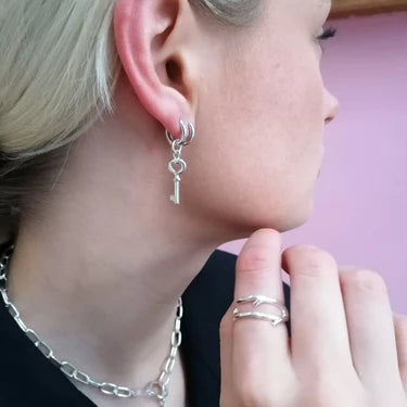 Key Single Huggie Earring - Sterling Silver