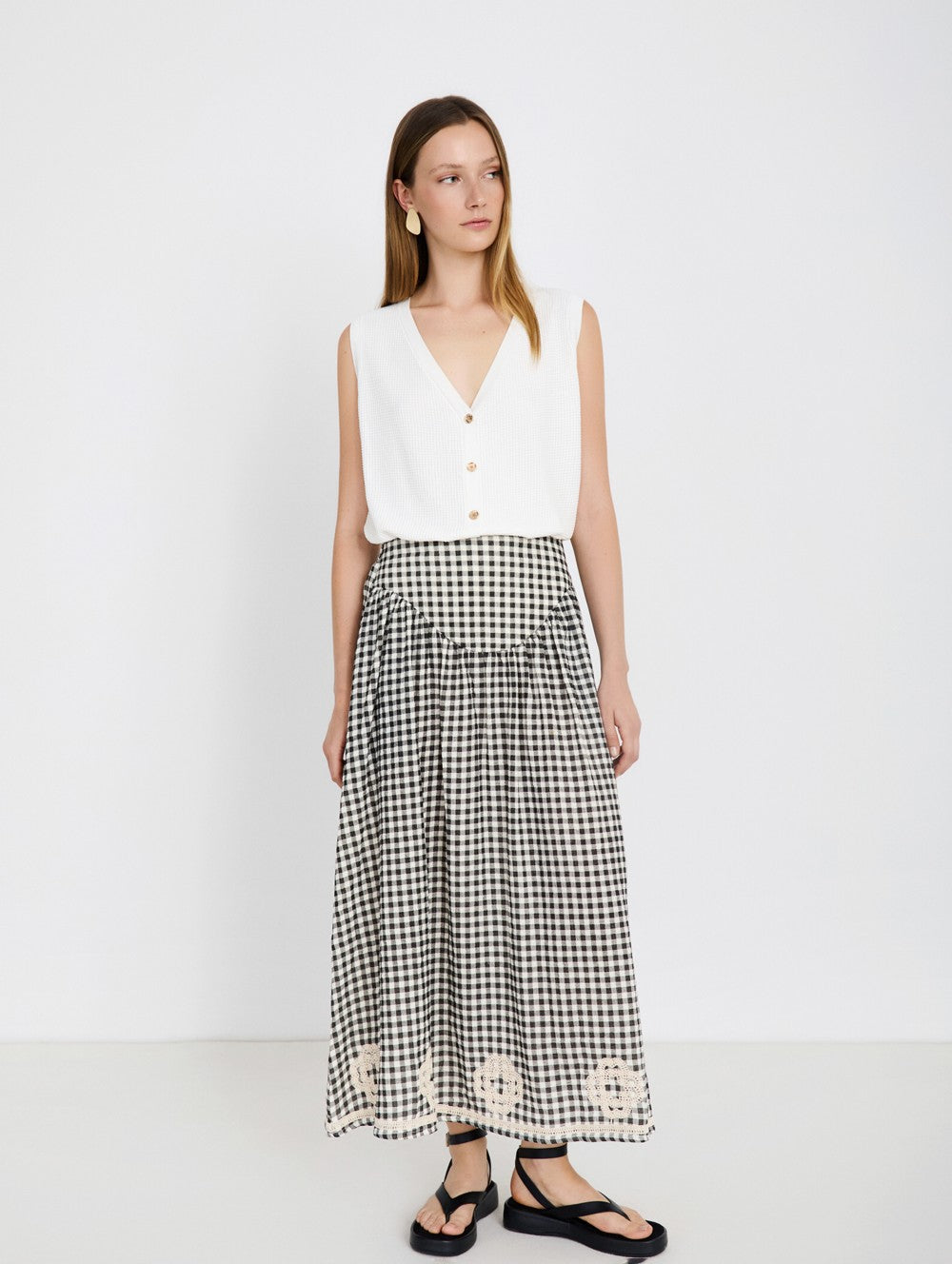 Skatie Gingham Skirt with Embroidery in Black & White