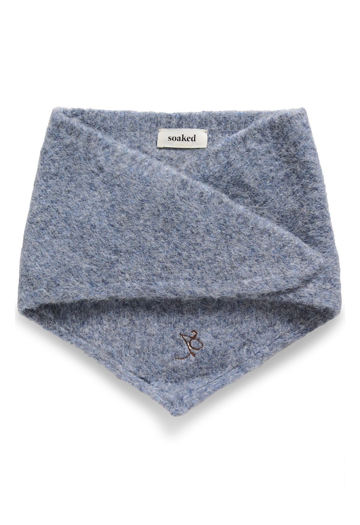 Soaked in Luxury Pleoni Scarf in Bijou Blue Melange. Blue knitted bandana with brand label on a white background