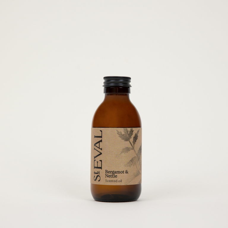 St Eval Bergamot & Nettle, Diffuser Refill. Brown bottle with a label on a white background
