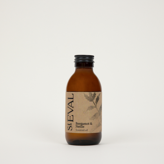 St Eval Bergamot & Nettle, Diffuser Refill. Brown bottle with a label on a white background