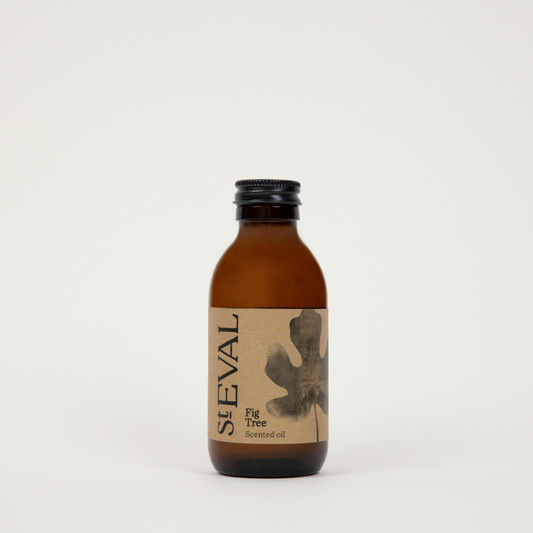 St Eval Fig Tree, Diffuser Refill. Brown bottle with a label on a white background