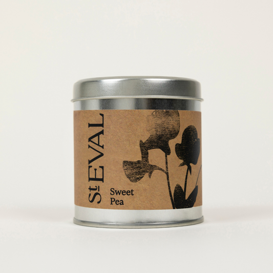 St Eval Sweet Pea, Scented Tin Candle. Candle tin labelled 'St. Eval Sweet Pea' on a white background