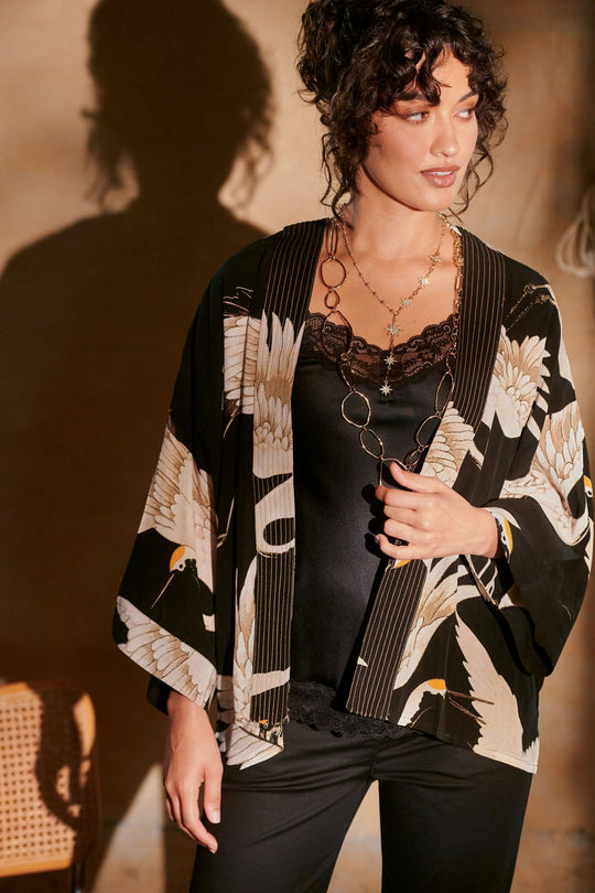 One Hundred Stars Stork Black Crepe Kimono