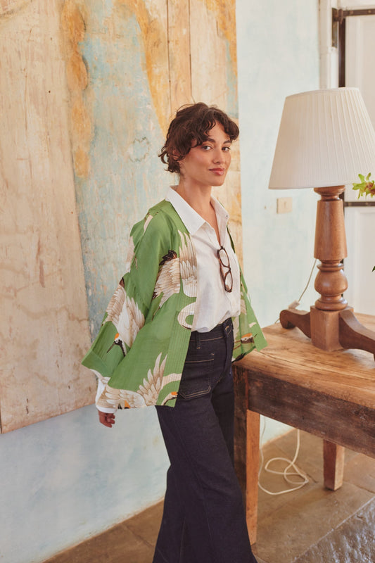 One Hundred Stars Stork Pea Green Mini Kimono