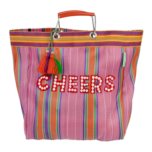 Recycled Plastic "Cheers" Tote Bag - Colourful striped bag with 'CHEERS' text and tassel on a white background