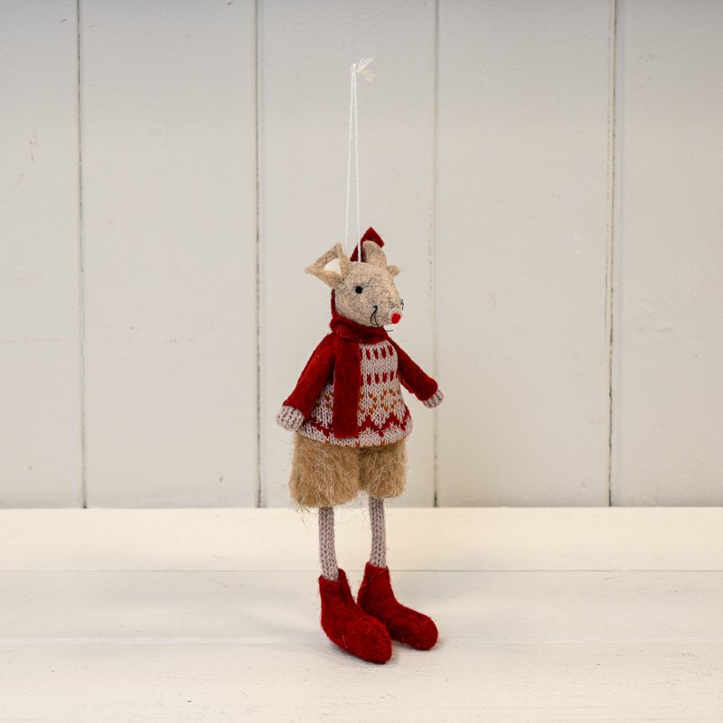 The Satchville Company Red and Beige Hanging Winter Mouse with Patterned Jumper (15cm)