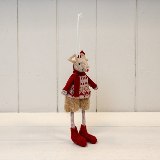 The Satchville Company Red and Beige Hanging Winter Mouse with Patterned Jumper (15cm)