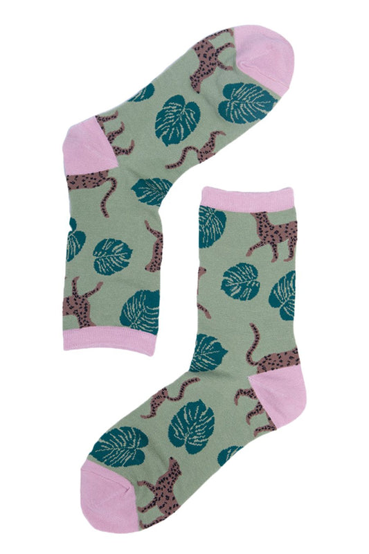 Bamboo Socks - Green, Cheetah Jungle