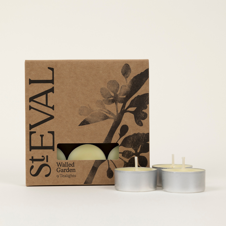 St Eval Walled Garden tealights with packaging on a white background