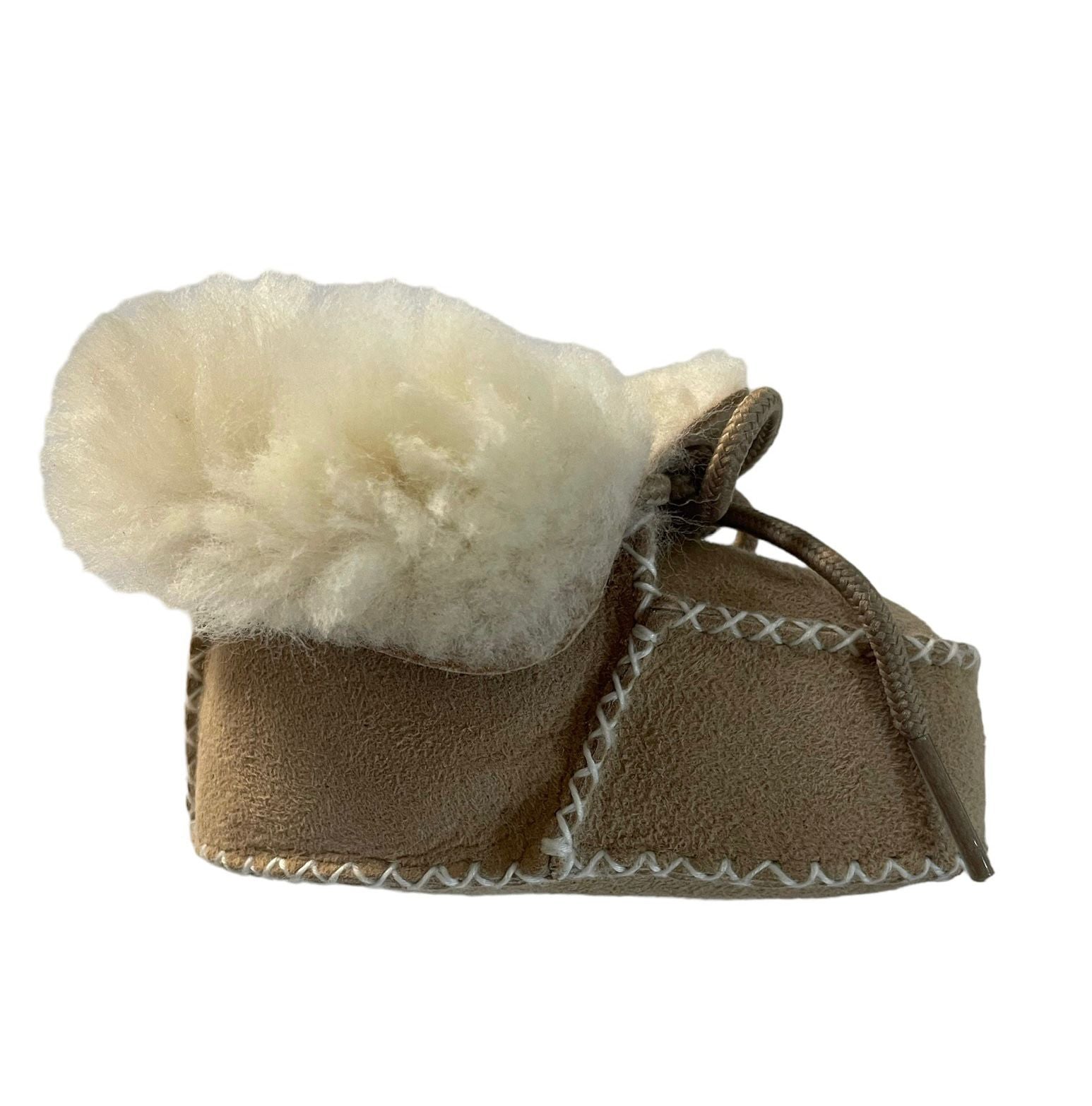 Sheepskin baby booties in beige with cord tie