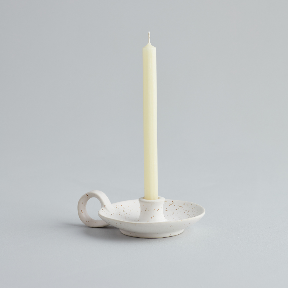 St Eval White Speckle, 1/2" Candle Holder with Handle