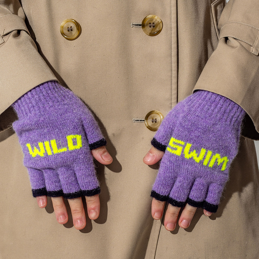 Black & Beech Wild Swim Fingerless Gloves in Parma Violet & Neon Yellow