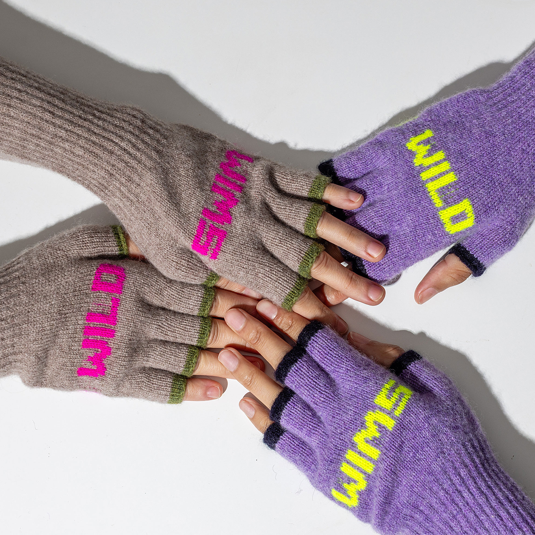 Black & Beech Wild Swim Fingerless Gloves in Parma Violet & Neon Yellow