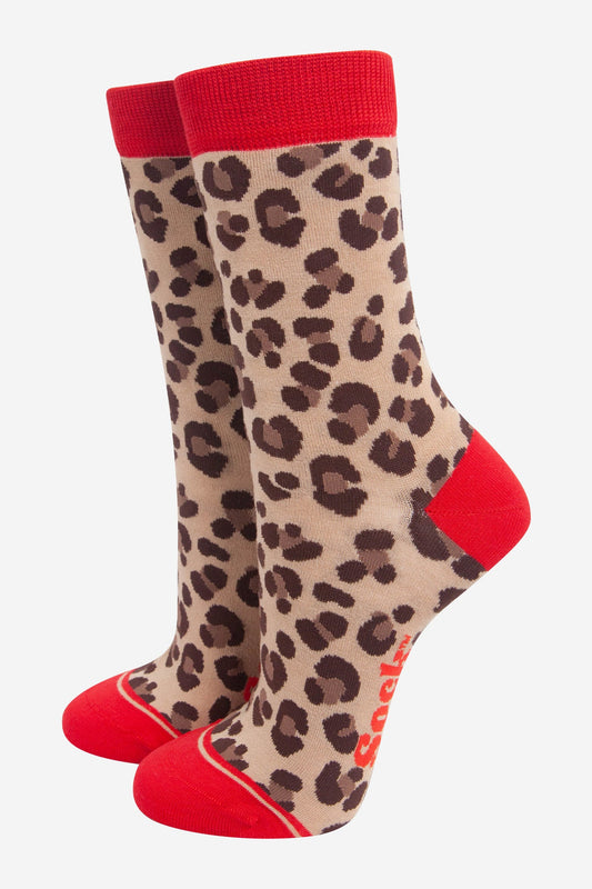 Women's Bamboo Socks - Beige/Red, Leopard