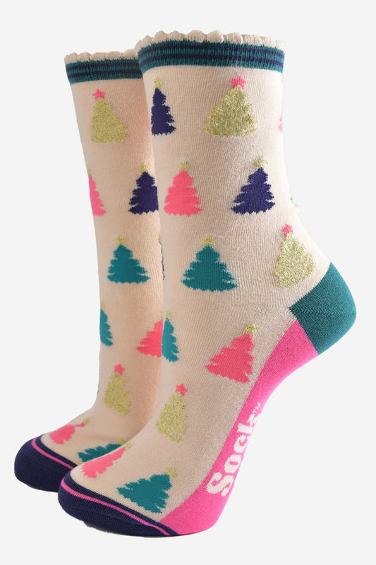 Women's Bamboo Socks - Cream/Pink, Christmas Tree