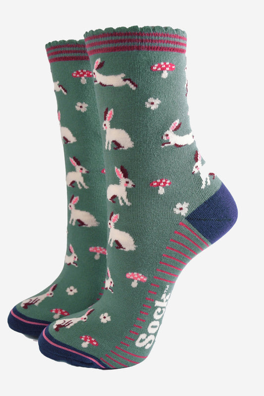Women's Bamboo Socks - Green/Navy Blue, Rabbit Woodland
