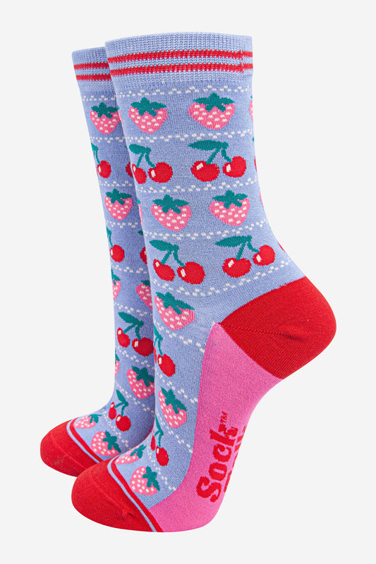 Women's Bamboo Socks - Light Blue/Red, Strawberries