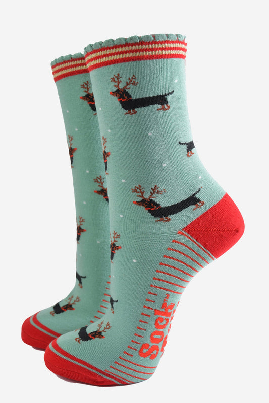 Women's Bamboo Socks - Mint Green/Red, Sausage Dog Reindeer
