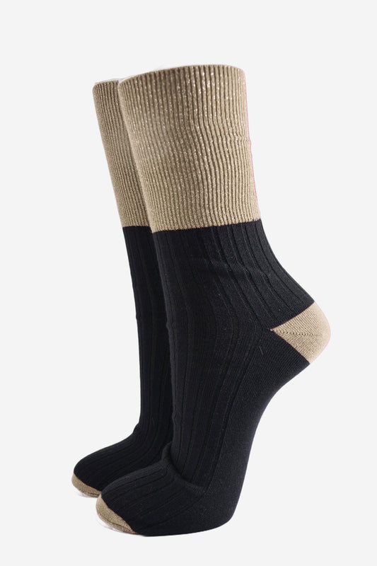 Women's Glitter Socks - Gold/Black, Folding Cuff