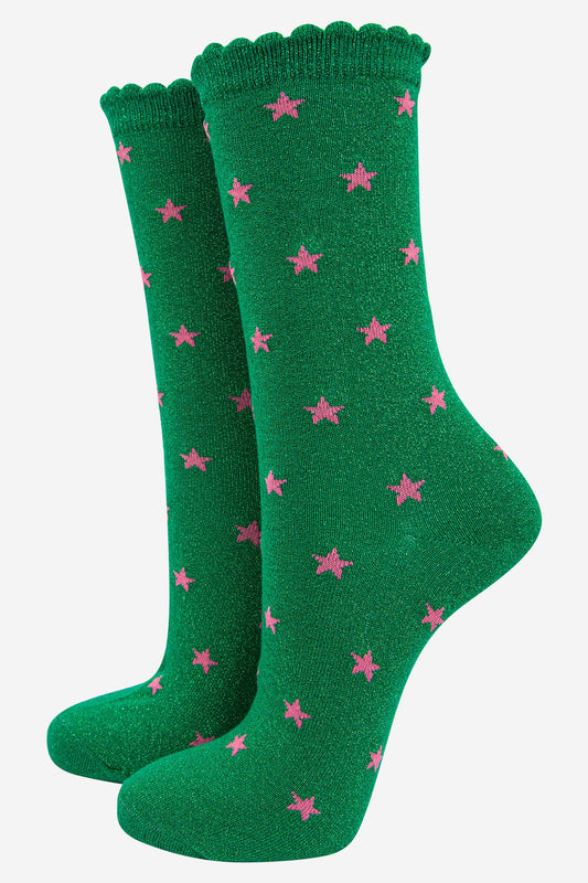 Women's Glitter Socks - Green, Stars