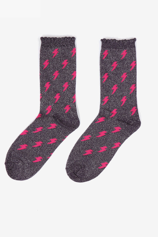 Women's Glitter Socks - Navy Blue/Pink, Lightning Bolts