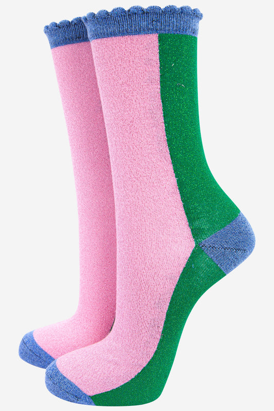 Women's Glitter Socks - Pink/Green, Colour Block