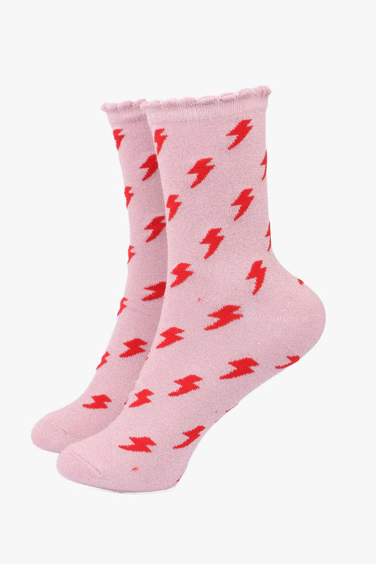 Women's Glitter Socks - Pink/Red, Lightning Bolts