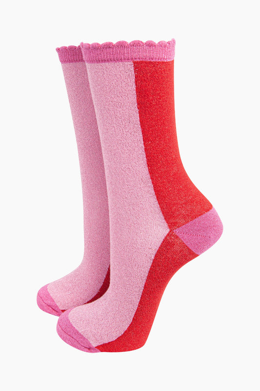 Women's Glitter Socks - Red/Pink, Colour Block