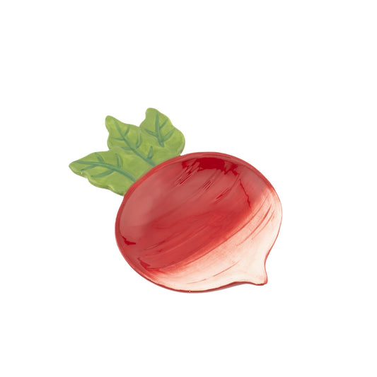 Radish-shaped dish with green leaf on a white background