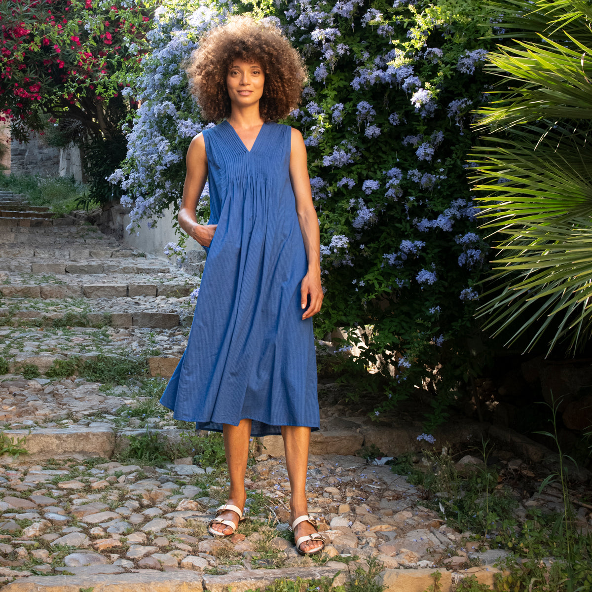 Zen Ethnic Amy Plain Dress in Blue
