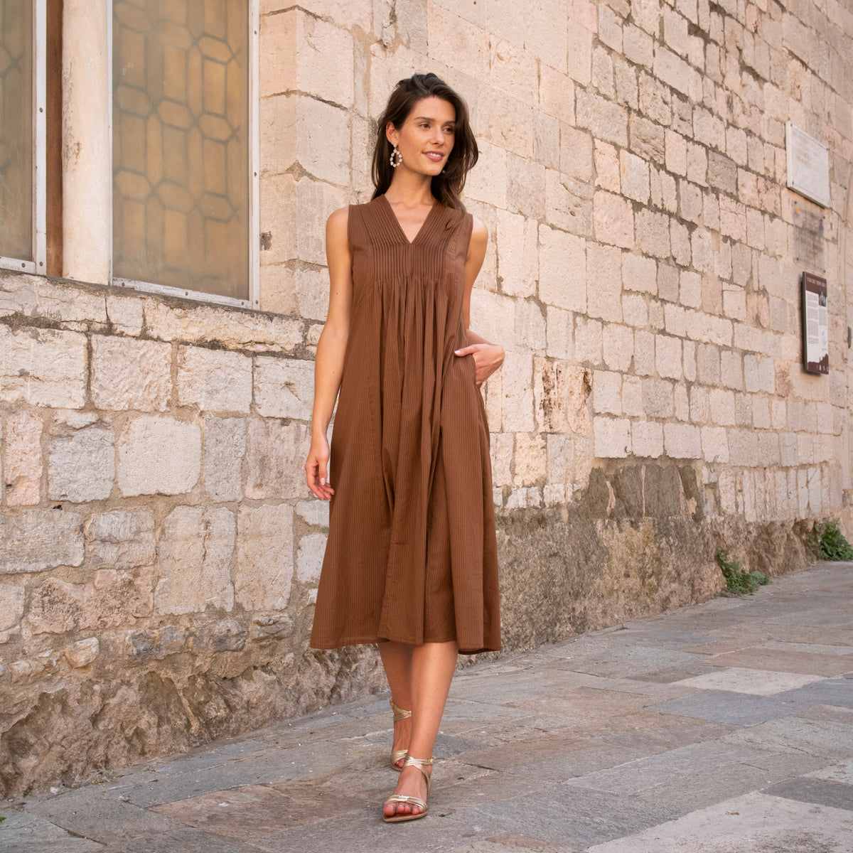 Zen Ethnic Amy Plain Dress in Brown