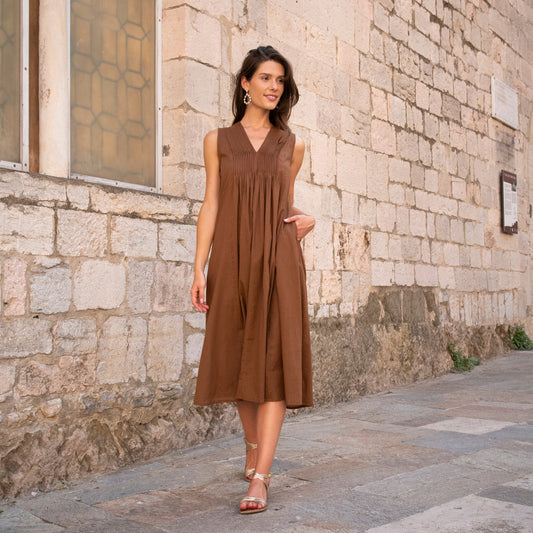 Zen Ethnic Amy Plain Dress in Brown