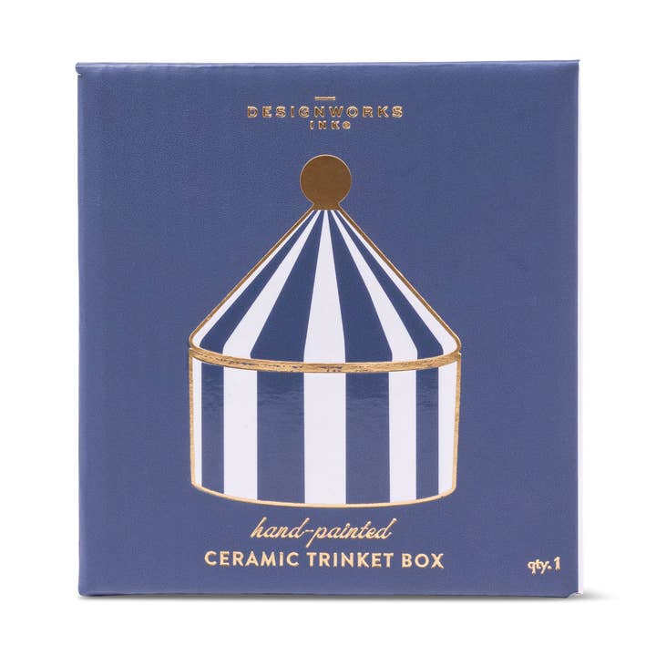 Ceramic trinket box packaging with blue and white striped design on a navy background