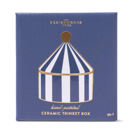 Ceramic trinket box packaging with blue and white striped design on a navy background